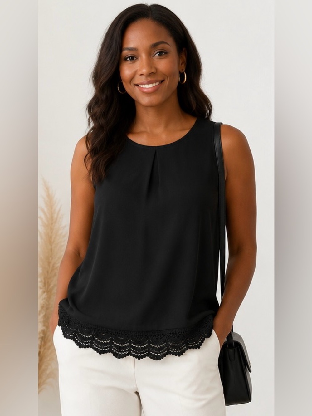 By & By Black Sleeveless Blouse Lace Hem Pleated Top Large
